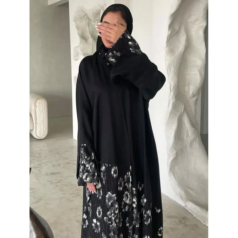 

Elegant Abaya Muslim Women Long Sleeve Printed Floral Islamic Abayas Kaftans Jilbabs Maxi Dresses Middle-East Ethnic Clothing