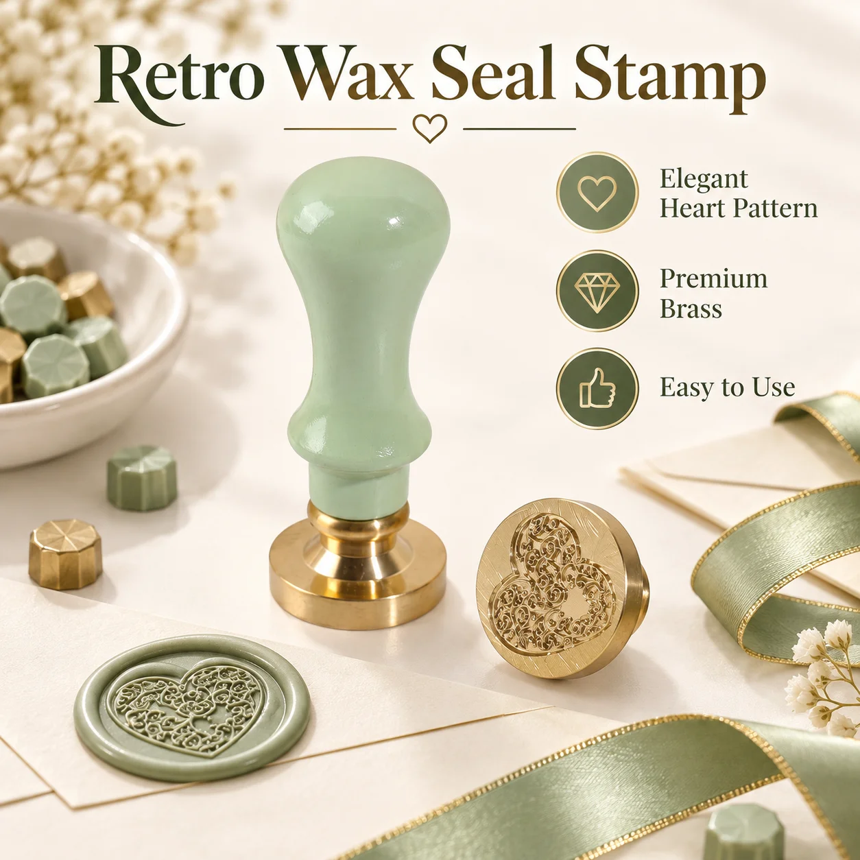 Vintage Wax Seal Stamp Kit with Brass Detachable Head, Heart Design Sealing Stamp for Envelope Letter Scrapbooking Wedding Gift