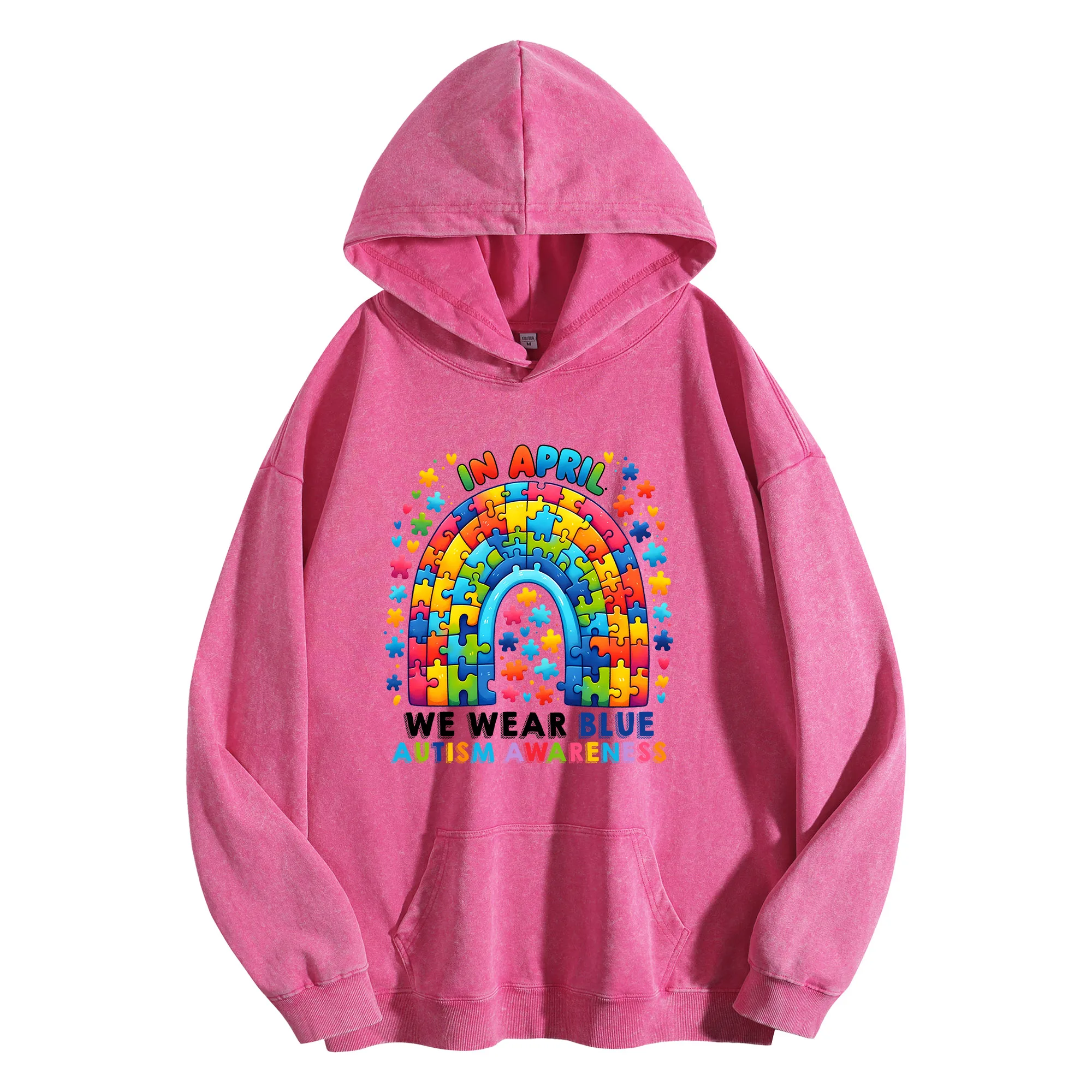 الوعي بالتوحد طباعة جرافيك 400G خمر غسلها هوديي للجنسين المتضخم الشارع الشهير البلوز مجموعة الخريف/الشتاء #3