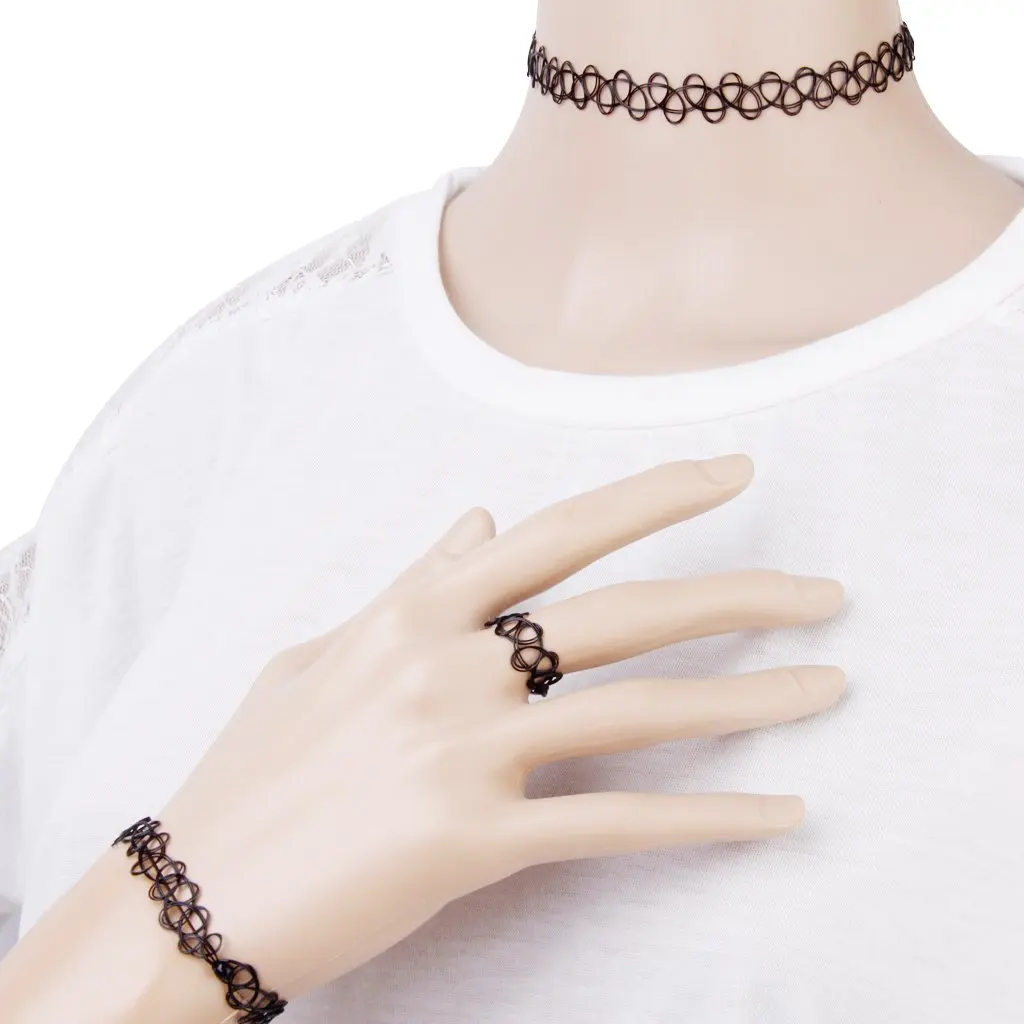 Vintage Boho Tattoo Choker Elastic Stretch Necklace Ring Bracelet Set Retro Henna