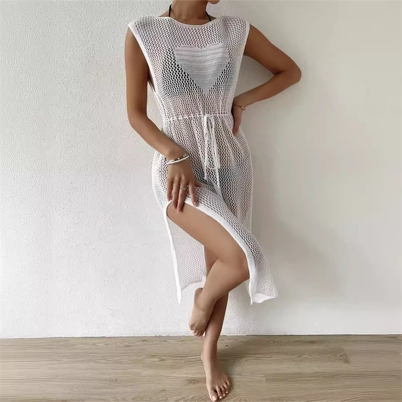 Women's Knit Beach Cover Up Dress - Hollow Out Mesh Bikini Wrap - Lace Trim Summer Beachwear Fashion