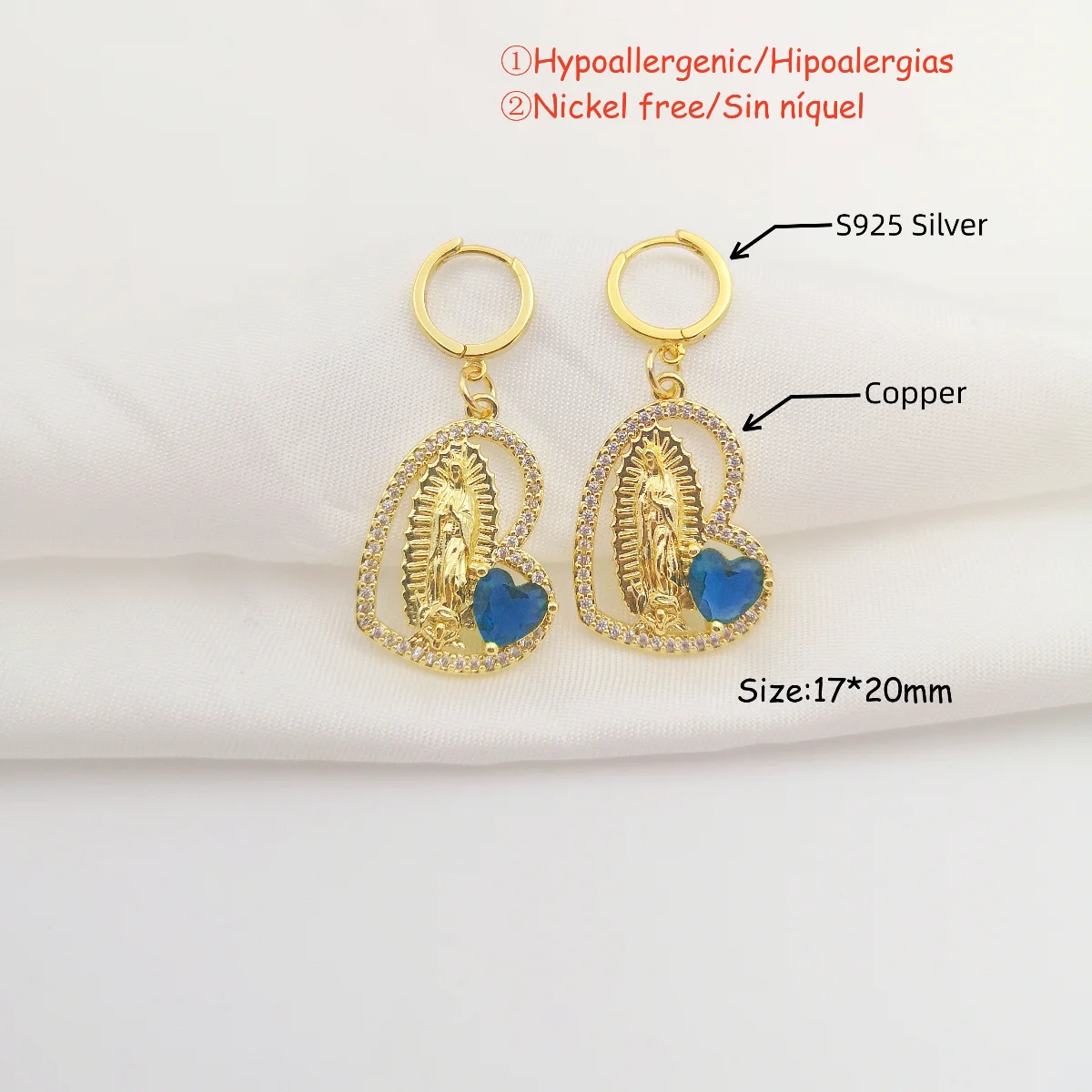 Real S925 Sterling Silver Hoops Gold Color Heart Virgin Mary Huggies Colored Guadalupe Drop Earrings for Women Hoop Earrings