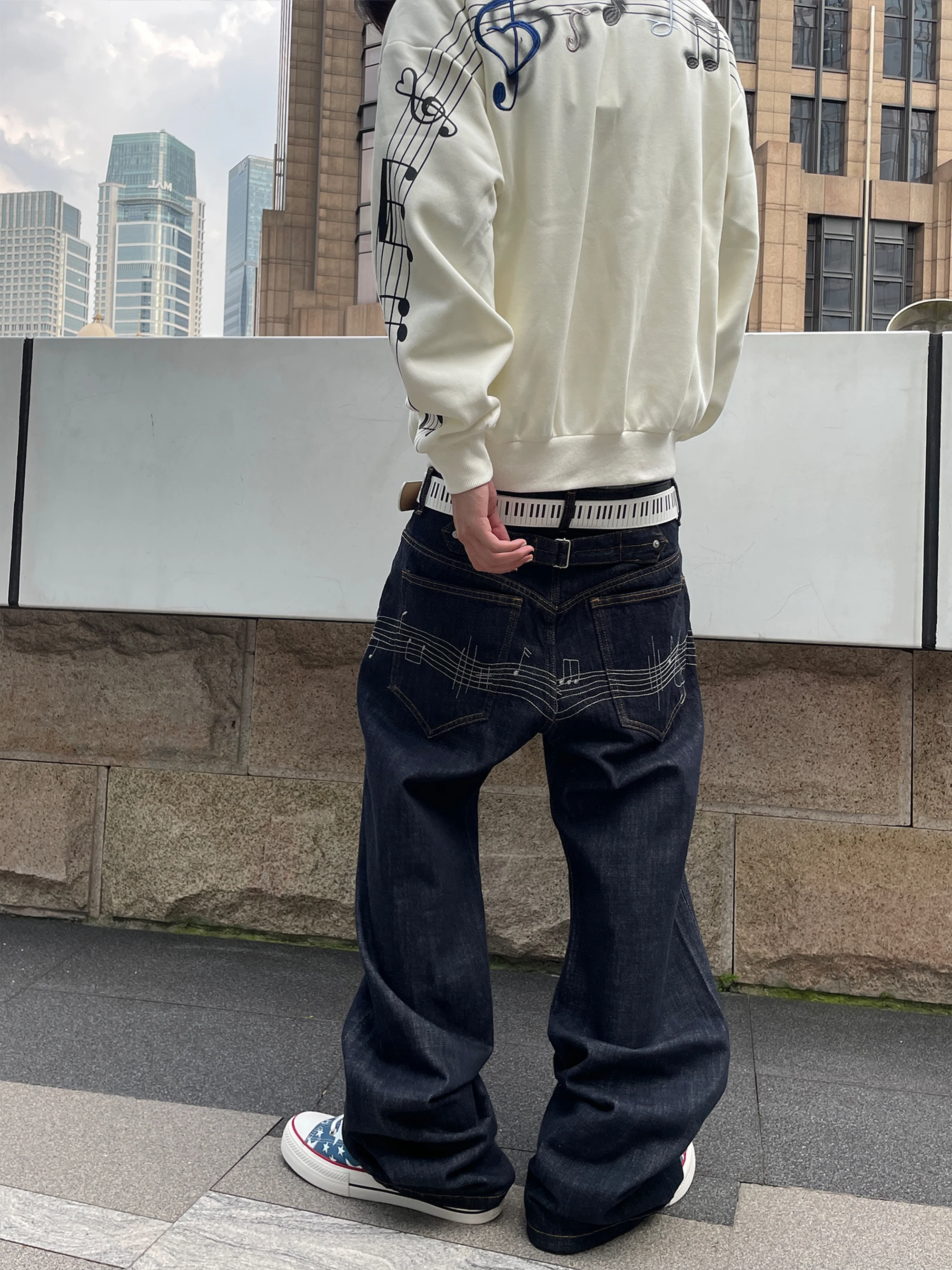 Calça Jeans Unissex MOOBY com Bordado Estilo Americano, Corte Reto Solto, Algodão e Liocel, Cintura Natural com Zíper