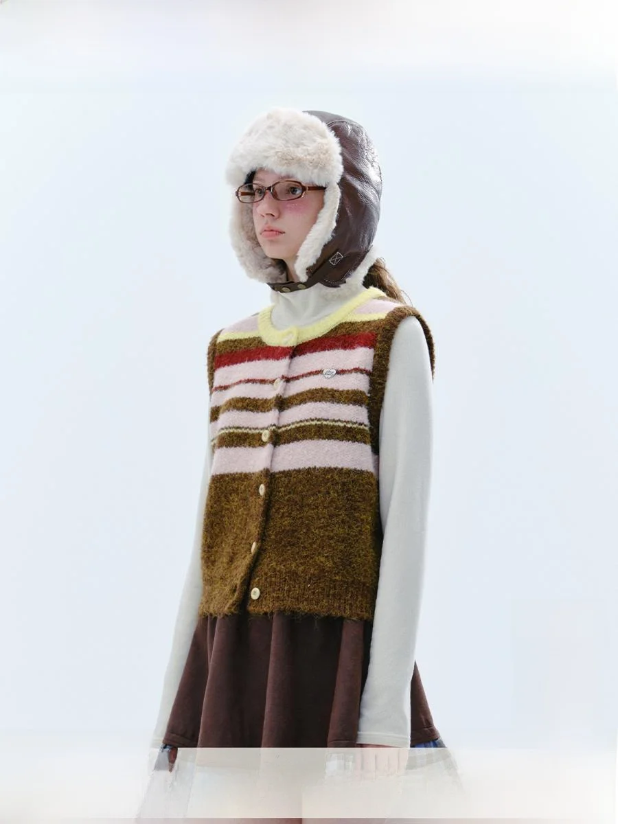 

WhyBerry Stripe Color Blo Knit Vest Sweet Sle Button up ort Svel круглый Ne Thiened осенне-зимний женский топ