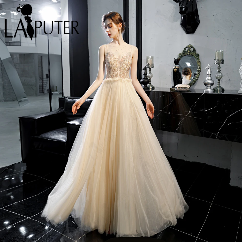 Champagne Tulle Prom Dresses A line Scoop Neck Hot Drill Sequin Evening Dress Illusion Back Ruched Waistline Woman Formal Dress