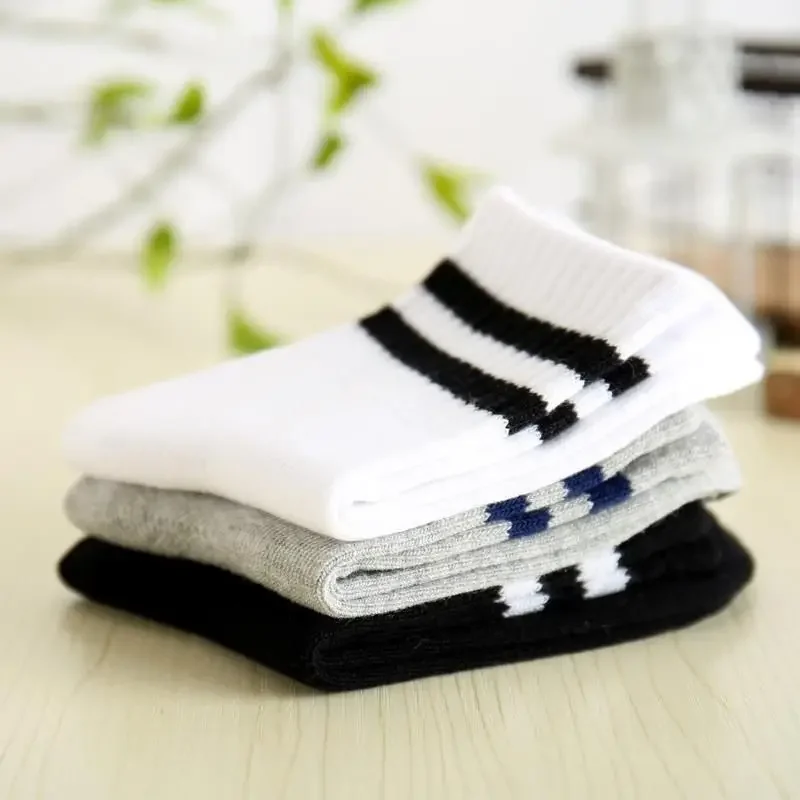5 Pairs/ Lot Spring Autumn Striped Black White Gray College Style Striped Mid-calf Child\'s School Socks for Kids Girls and Boys