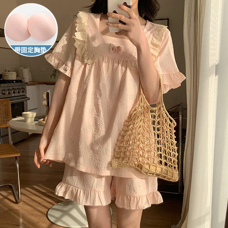 

2XL Large Size Pajamas Women's Sleepwear with Chest Pad Summer Short Sleeve Student Cute Lace Home Clothes Can Be WOrn Outside