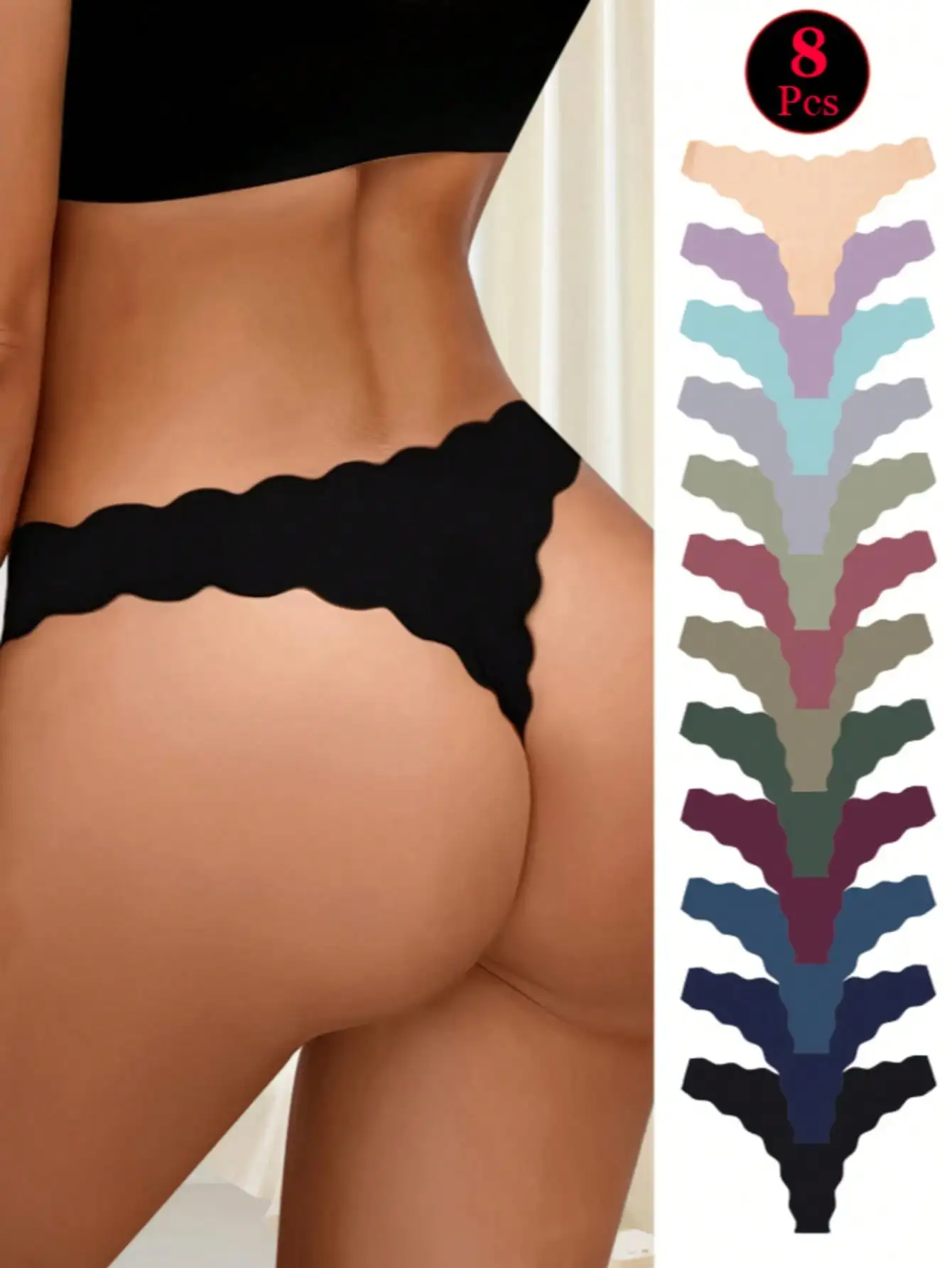 

Набор из 8 бесшовных трусиков-стрингов с фестончатым краем для женщин - полиамид и эластан