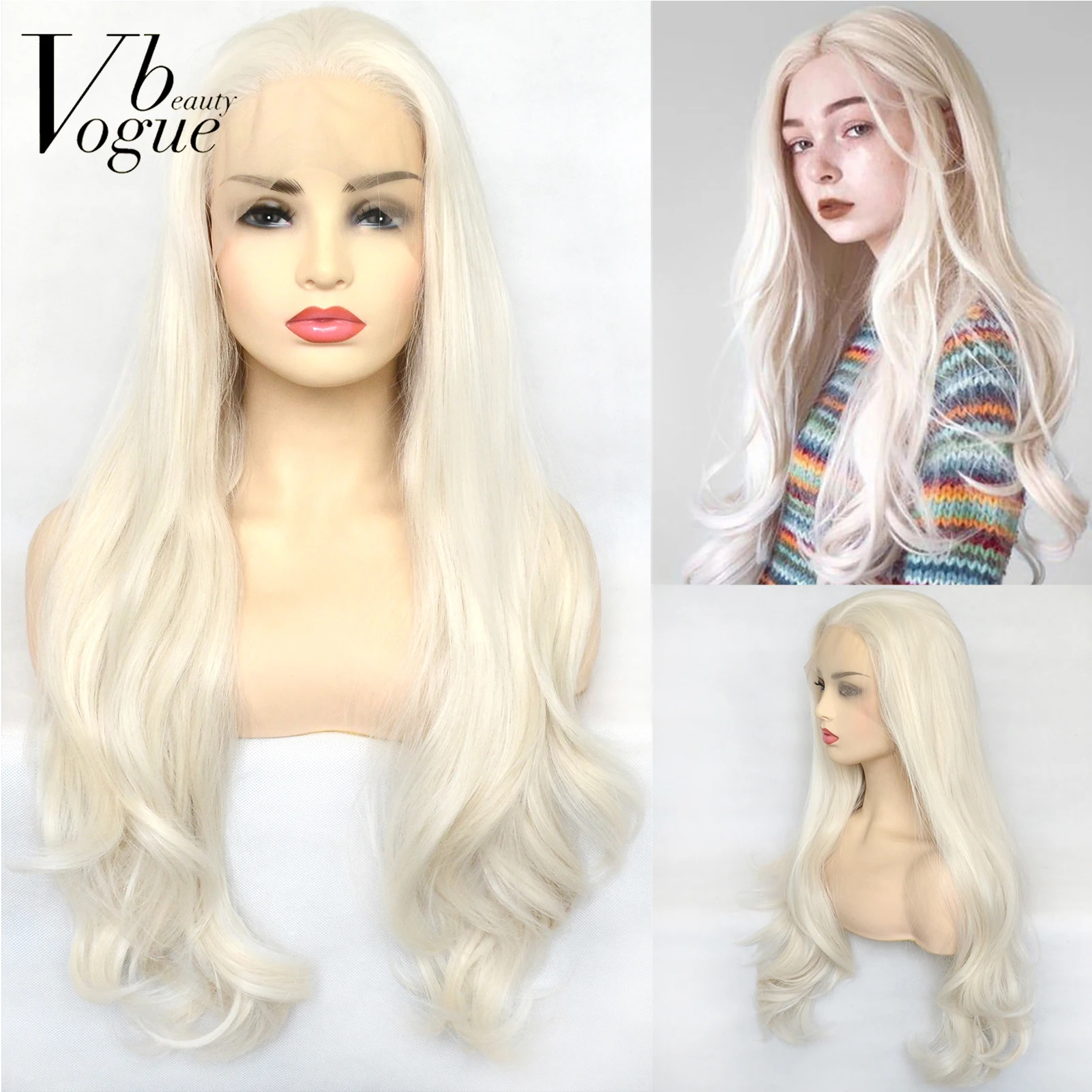 Voguebeauty 60# Platinum Blonde Synthetic Lace Front Wig Long Natural Wave Hair Replacement wigs Daily Wear for Women Cosplay