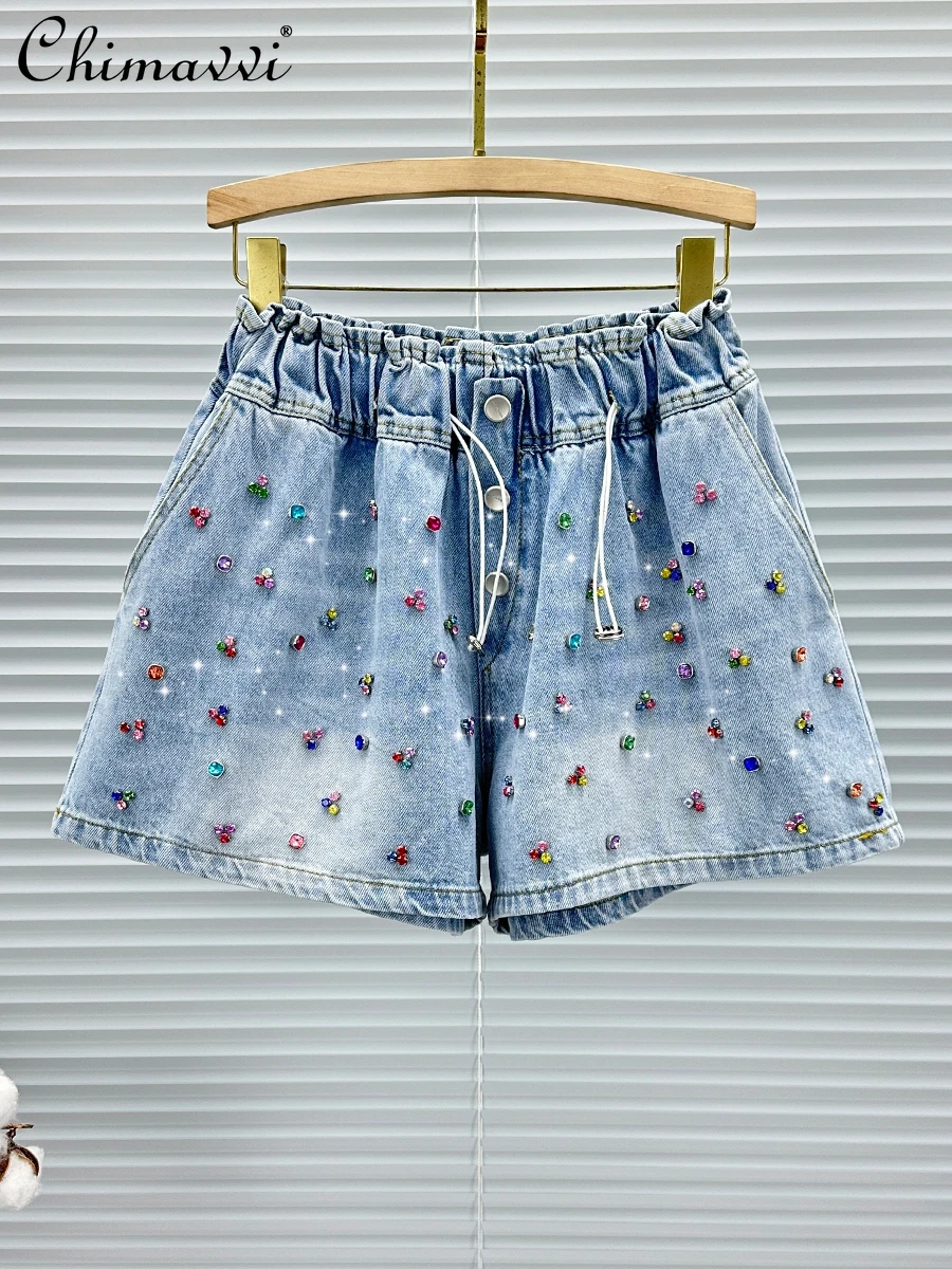 

Heavy Color Diamond Denim Shorts Women's 2025 Summer Clothes New Fashion Elastic High Waist Loose Versatile Wide Leg Hot Pants