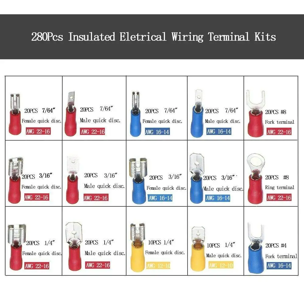 280PCS Cold Pressed Terminal Kit Includes Male Female Insulated Terminals Fork and Ring Terminals Insulation Sleeves Alloy Core