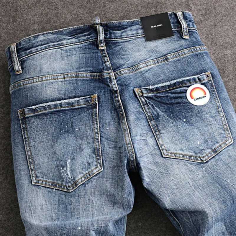 

Мужские джинсы Street Designer Fashion: ретро, светло-голубые, стрейч, слим-фит, с дырками и заплатками, рваные, брендовые, винтажные, джинсовые брюки