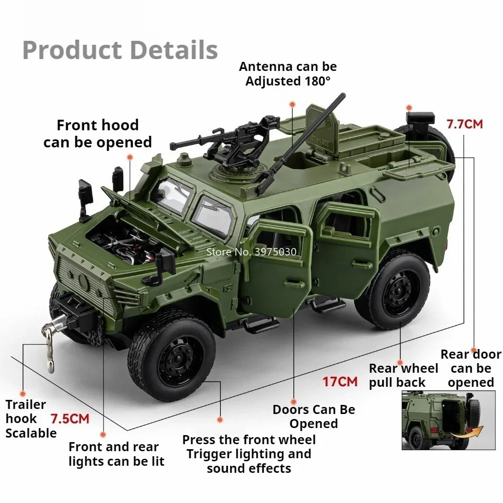 1:32 DongFeng Mengshi Toy Models Car Alloy Diecast Light Music Miniature Armored Vehicles Doors Opened Off-road Hobby Collection