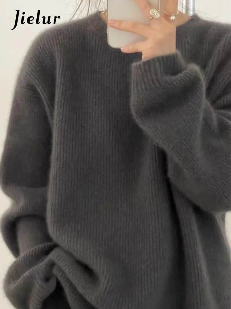 Jielur Autumn Winter New Round Neck Cashmere Sweater Female Thick Languid Lazy Wind Dark Gray Sweater Loose Knit Sweater