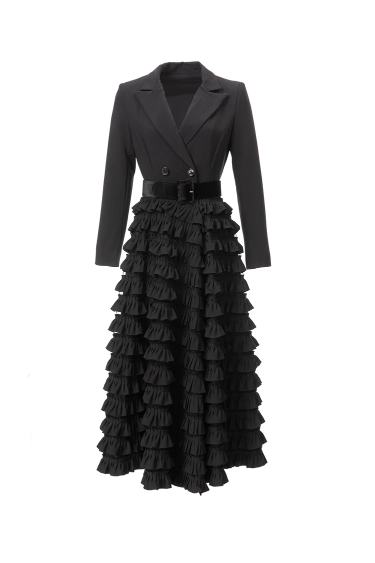 Vestido de passarela feminino com gola entalhada, mangas compridas, babados em camadas, patchwork, festa elegante, vestidos de baile