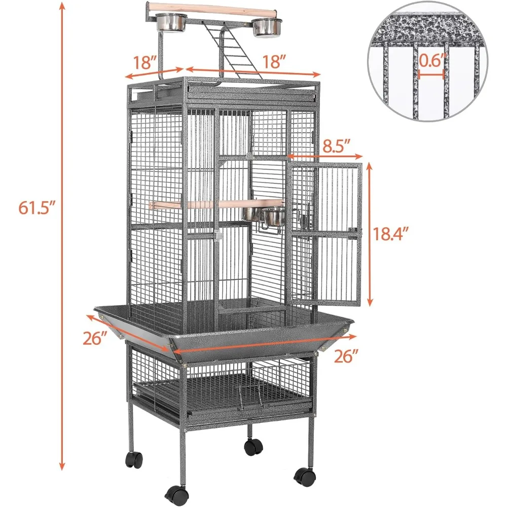 HSM 63 Inch Wrought Iron Large Bird Flight Cage with Rolling Stand for African Grey Parrot Cockatiel Sun Parakeet Conure