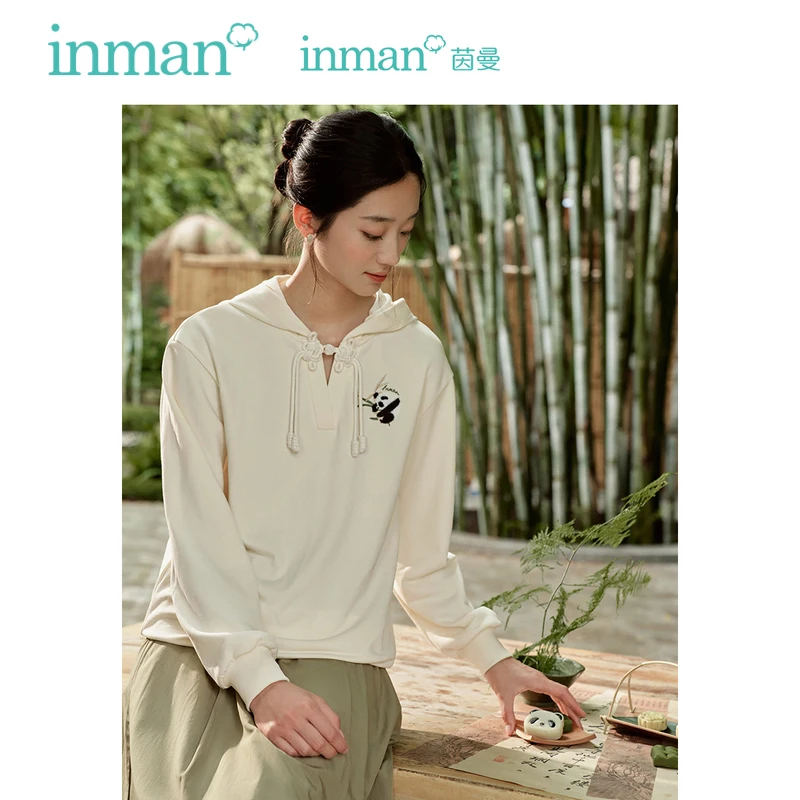 

INMAN Women Hoodies 2023 Autumn Long Sleeve Loose Hooded Sweatshirt Panda Print Chinese Buckle Design Casual Cute Pullover