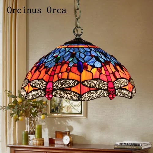 Mediterranean stained glass chandelier living room dining room bedroom European retro creative single-headed LED Chandelier