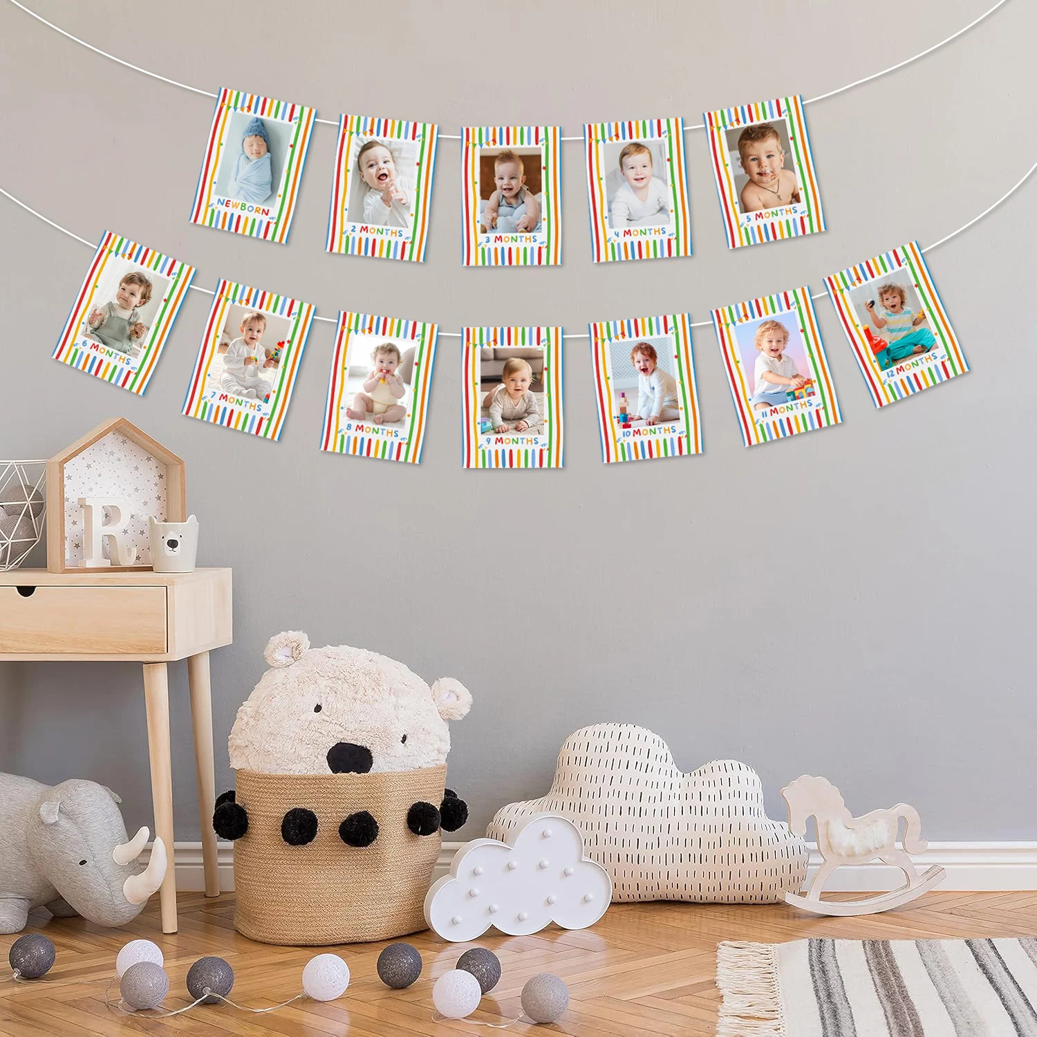 Lustiges 'Fun to Be One' Erstgeburtstags-Meilenstein-Fotobanner für Jungen und Mädchen - Neugeborene bis 12 Monate Wachstumsprotokoll Bildwimpelkette – Detail 3
