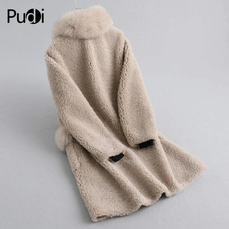 Women real wool fur coat jacket winter warm female real sheep shearling overcoat with real fox fur collar A19038