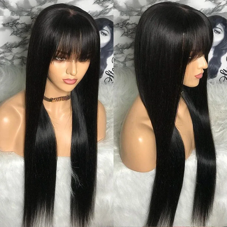 Lafino 30 36inch Wig With Bangs Black Wig Human Hair Without Lace Wig Straight Wig Full Machine Bob Wigs Full Woven With Bangs