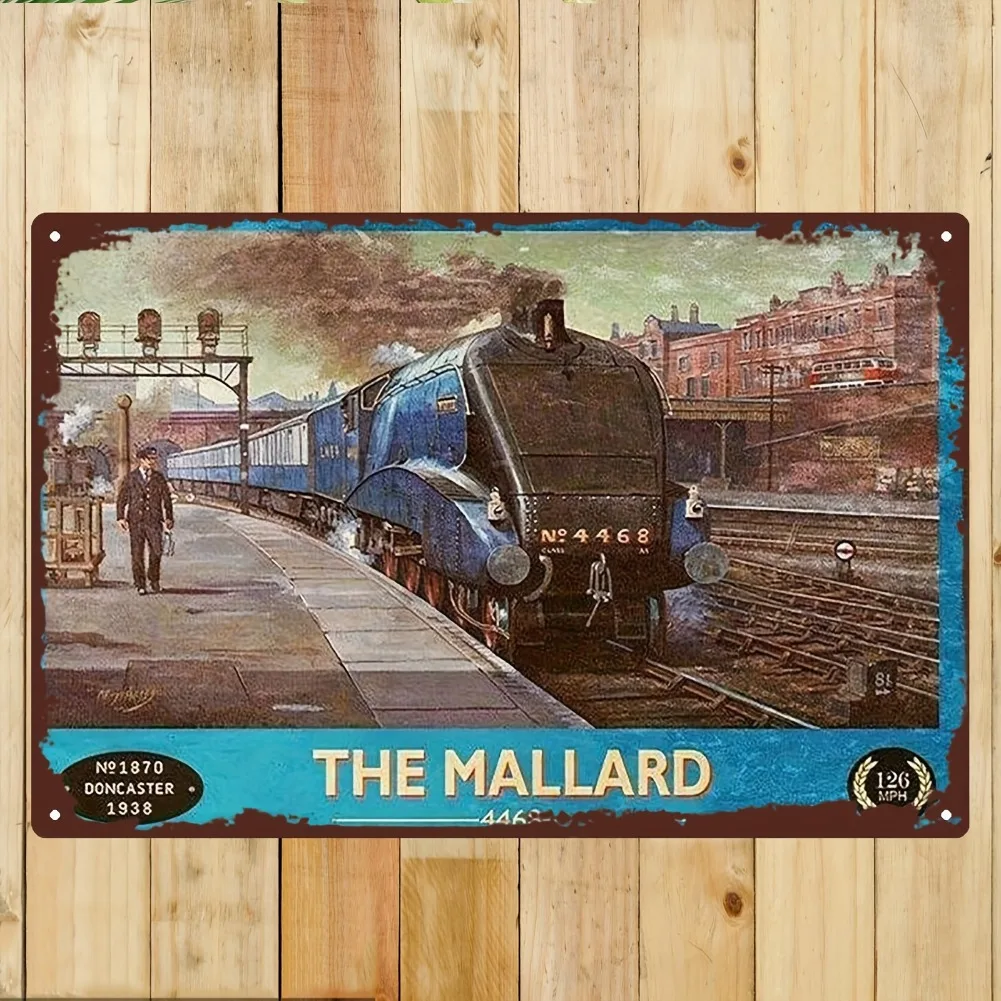 2D flach, 1 Stück Vintage 1938 Mallard Dampfzug Metallwandschild – 20,3 x 30,5 cm großes Eisen-Retro-Eisenbahnschild mit blauer und schwarzer Lokomotive
