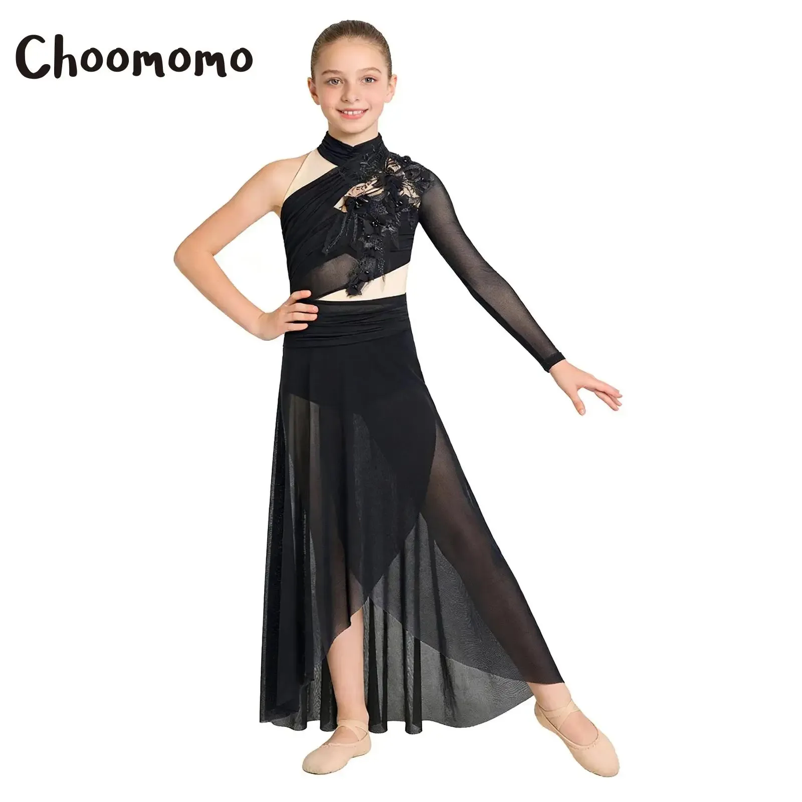 

Girls Applique Lyrical Dance Dress Asymmetrical Mesh Gymnastics Leotard Ballet Tutu Dress Skating Modern Contemporary Costumes