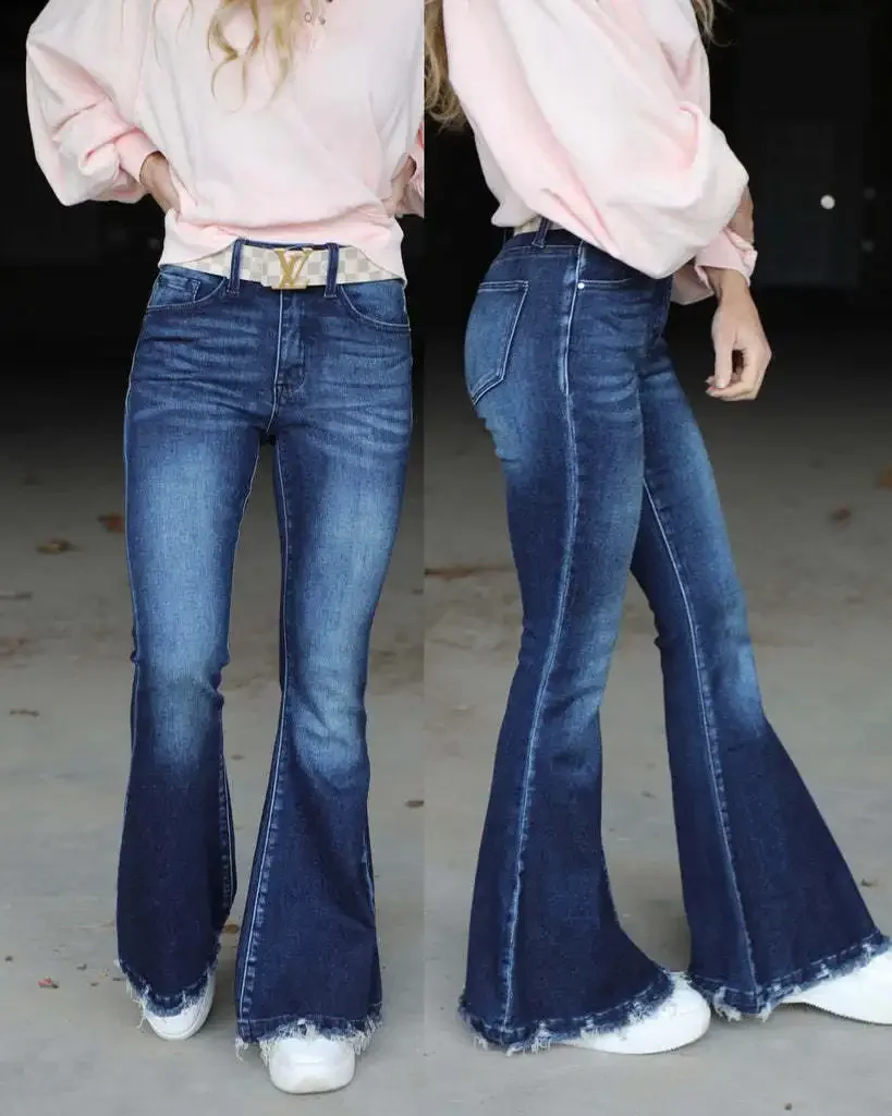 

Flare Pants Women Vintage Jeans Mid Waist Distressed Washed Pockets Button Denims Female Trousers Streetwear 2025 Boot Cut