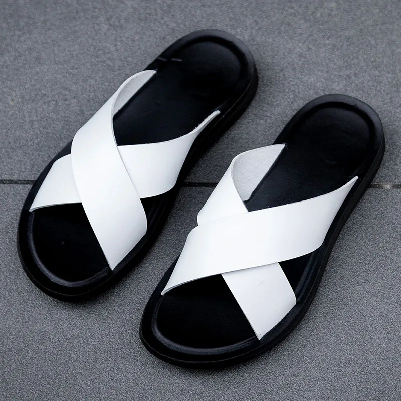 2023 Fashion Men Real Leather Slippers Summer New Black White/red/yellow Cross Over Slippers Men\'s Leisure Comfort Flat Sandals