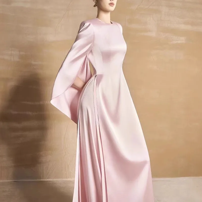 QMQA Mode dames elegante avond satijnen splitjurk eenvoudige effen kleur lange mouwen jurken 2025, nieuwe herfstkleding QM755