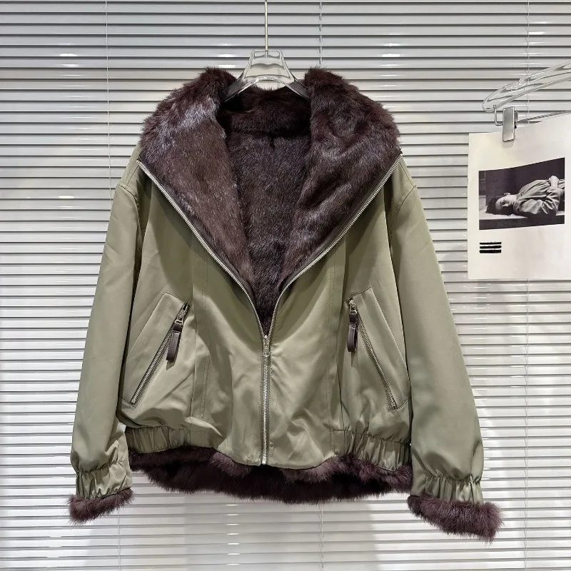 2025 Winter Fashion and Leisure New Maillard Straight Top Zipper Two Sides Warm Parkas Thick Coat Female Clothing
