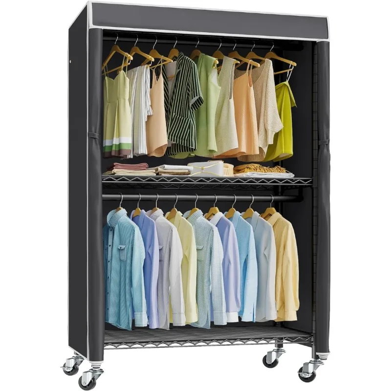 Heavy Duty Rolling Garment Rack with Cover Clothing Rack  with Adjustable 3 Wire Shelving & Double Rods, Wardrobe on Wheels