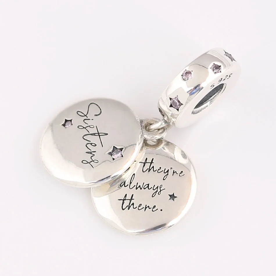 

Authentic S925 Silver Forever Sisters With Crystal Pendant Hanging Bead Charm for Women Bracelet Bangle DIY Jewelry