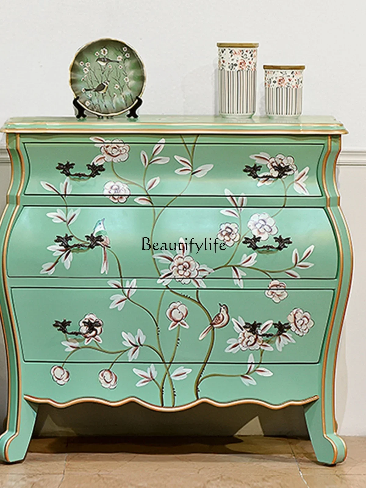 

FG40American Painted Three-Bucket Cabinet Solid Wood Bedroom Retro Living Room Storage Sofa Partition Curio Cabinet