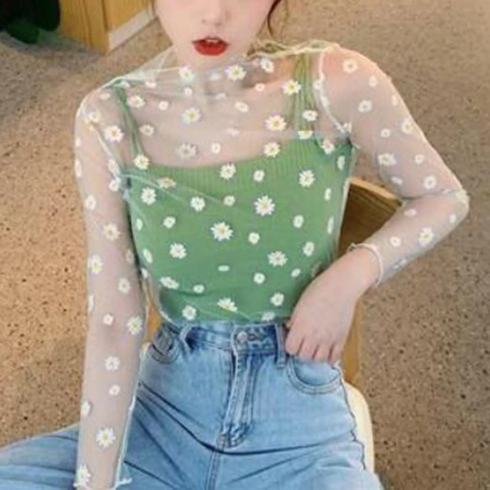 Women Daisy Print Lace Sheer Tops Sexy Tees Long Sleeve Thin Mesh Shirts Fashion Ladies Top 2023 Summer Sunscreen Blouse Blusas