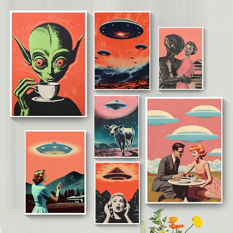 Vintage 50s Style Alien Invasion Art UFO Posters Smoking E.T. Prints Canvas Painting Wall Scifi Pictures Living Room Home Decor