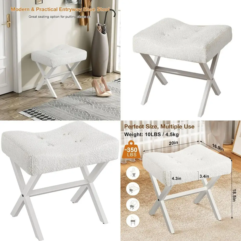 

Large 18-Inch Vanity Chair with Metal X-Legs, Soft Boucle Fabric Seat, White Ottoman Accent Stool
