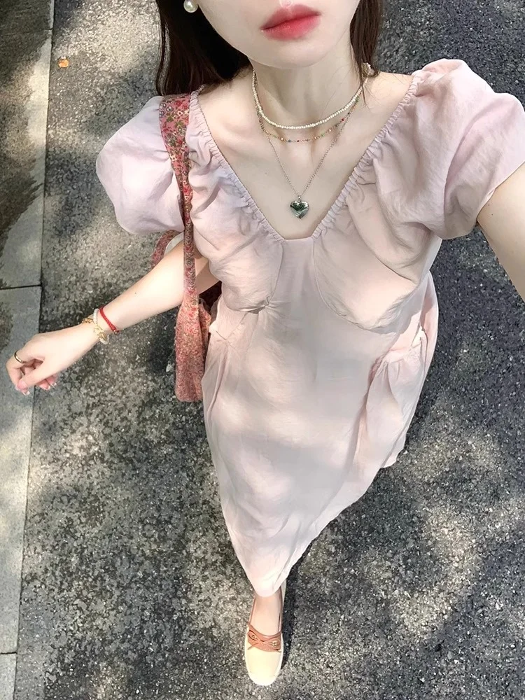 

ROUJE KEFSSV Summer Casual Long Dr Women's High Waist Bubble Sve V-Ne Gown Ele Gentle Sle A-Line Skirt