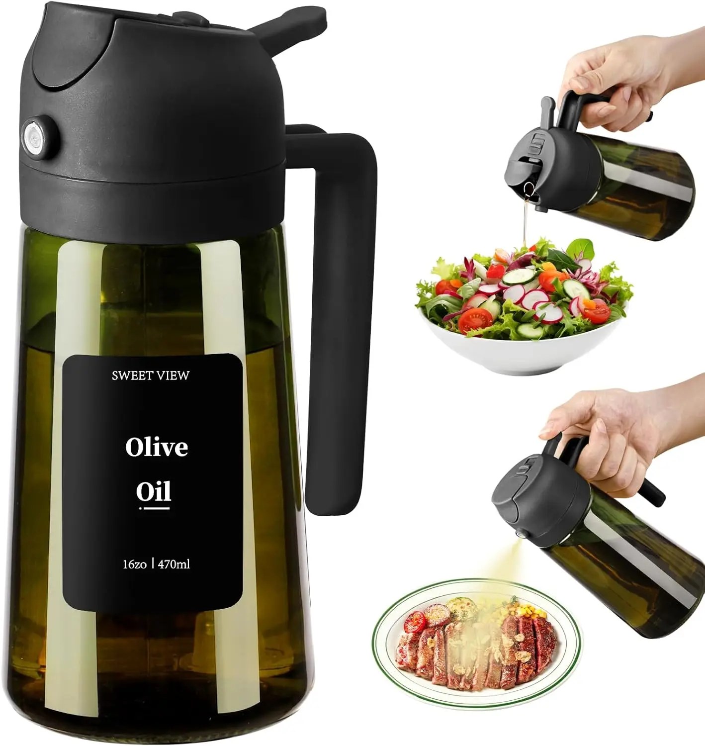 

2-in-1 Olive Oil Sprayer & Pourer, 16oz Glass Bottle with Stickers for Air Fryer, Salad, BBQ
