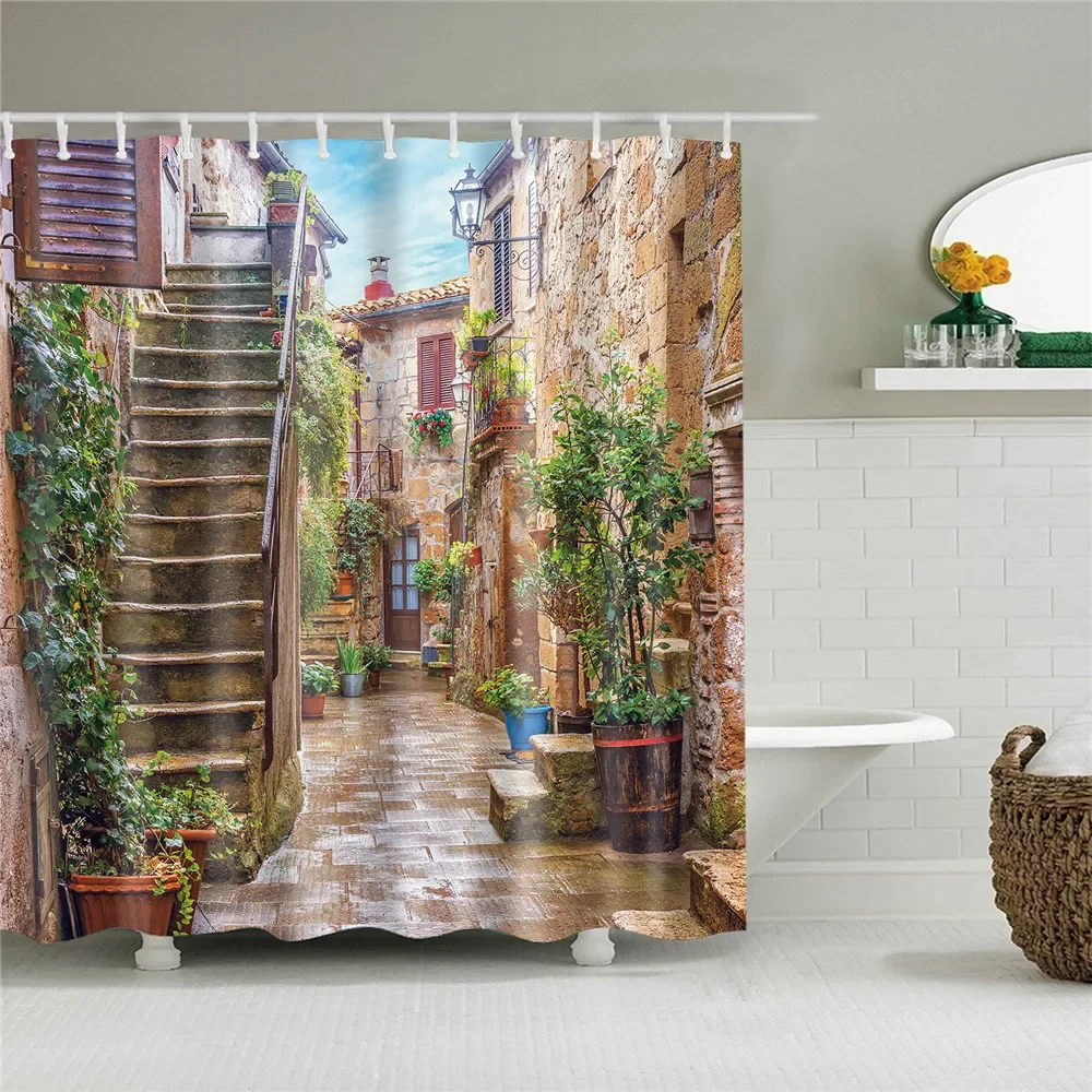 3D Colorful Street Alley Pattern Shower Curtains Bathroom Curtain Waterproof Thickened Polyester Bath Curtain with Hooks