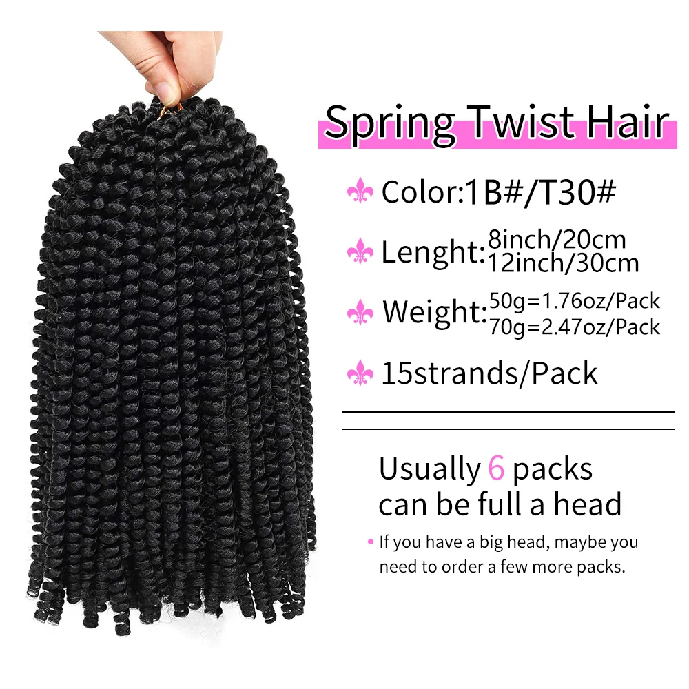 الربيع تويست الشعر 8/12 بوصة الربيع التقلبات الكروشيه الشعر للنساء الأسود جدائل شعر صناعية درجة حرارة منخفضة رقيق قنبلة تويست