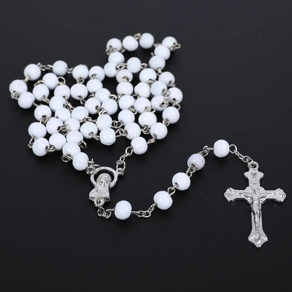 Wooden Religious Rosary Necklace For Women Men 6MM Wood Beads Long Y Chain Crucifix Cross Pendant Prayer Party Jewelry