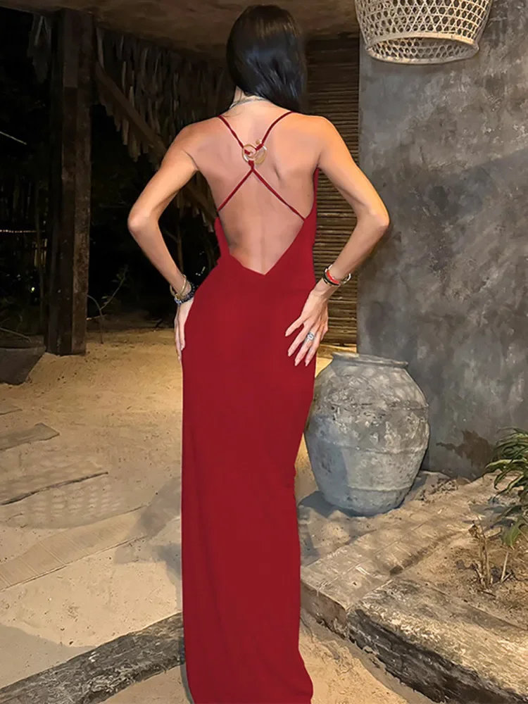 XIAOTANG Spaghetti Strap Deep V Neck Sexy Maxi Dress Women Fashion Metal Decoration Sleeveless Backless Beach Club Long Dress