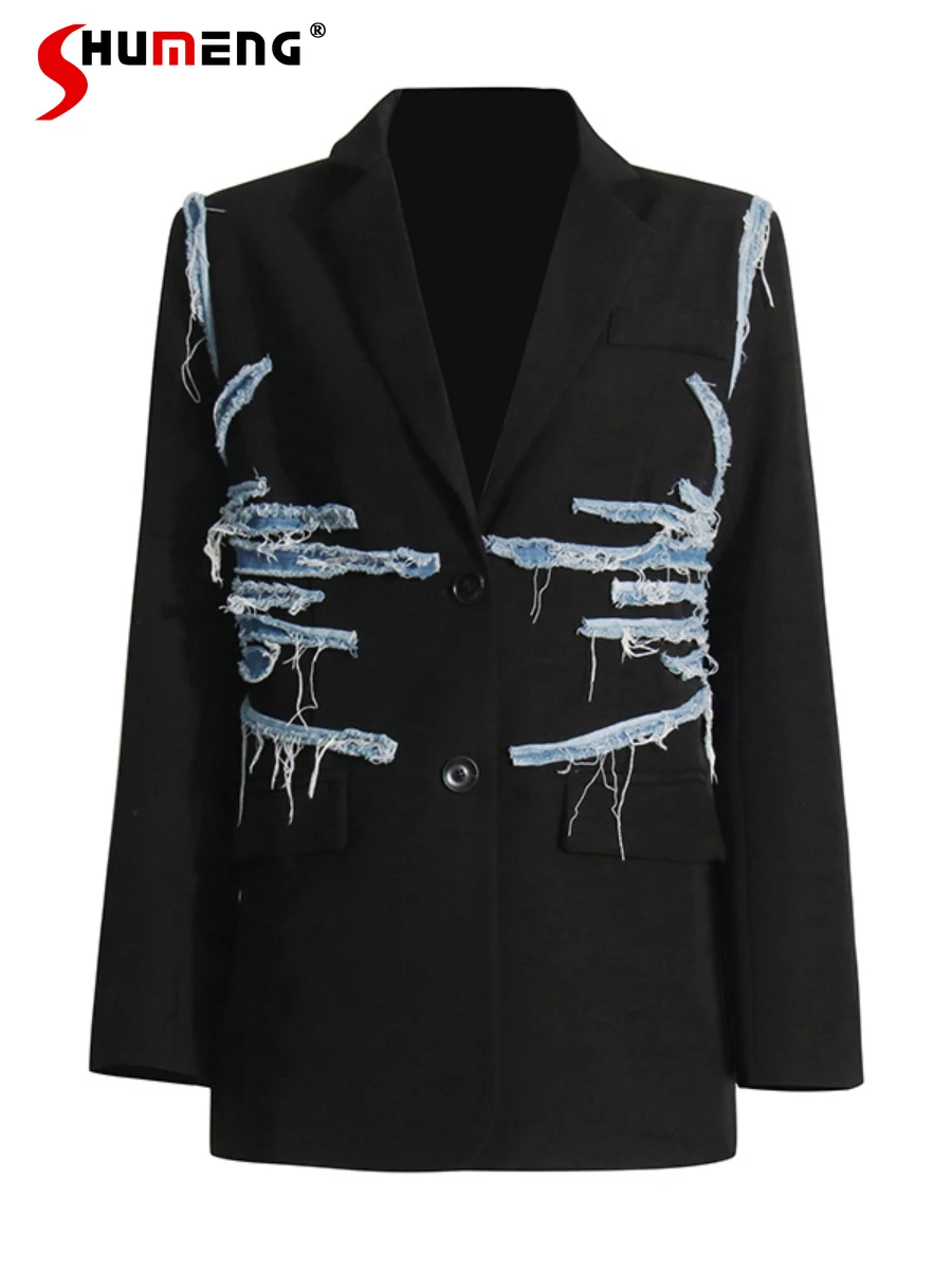 

Fashion Casual Retro Denim Stitching Suit Jacket 2024 Spring New Temperament Contrast Color Loose Comfort Female Suit Coats
