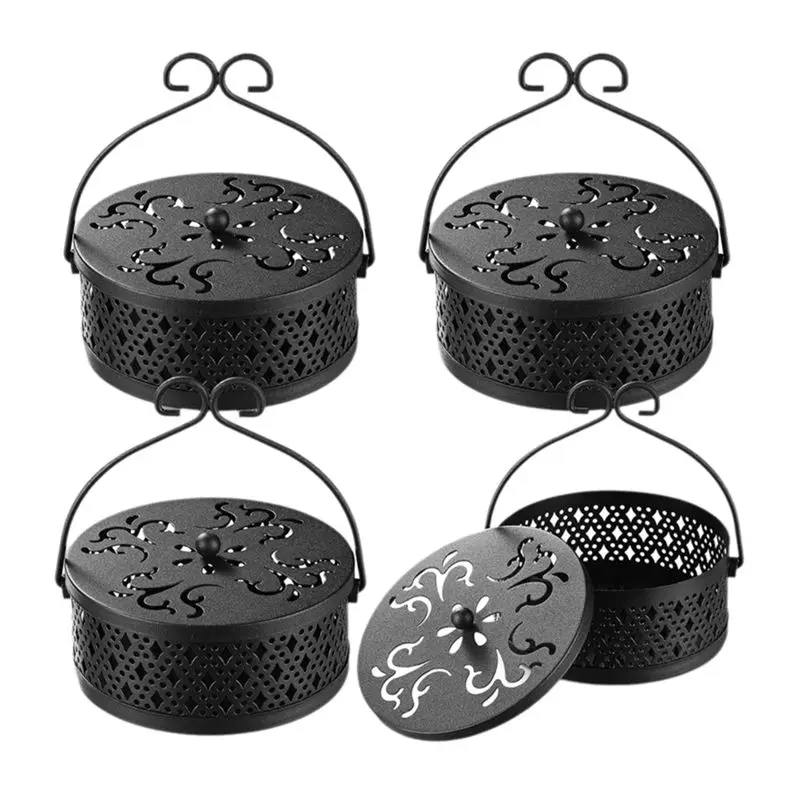 4 Pieces Mosquito Coil Holder Incense Coil Holder Round Retro Portable Metal Hanging Incense Burner With Handle