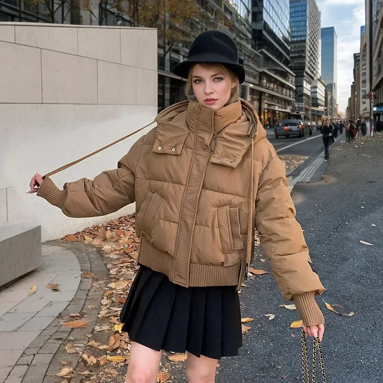 2025 المرأة الشتاء الشتاء الإناث مقنعين لون نقي رشاقته الدافئة سترة قطن 2 جيب الخيوط الربط سترة قطن قصيرة #2