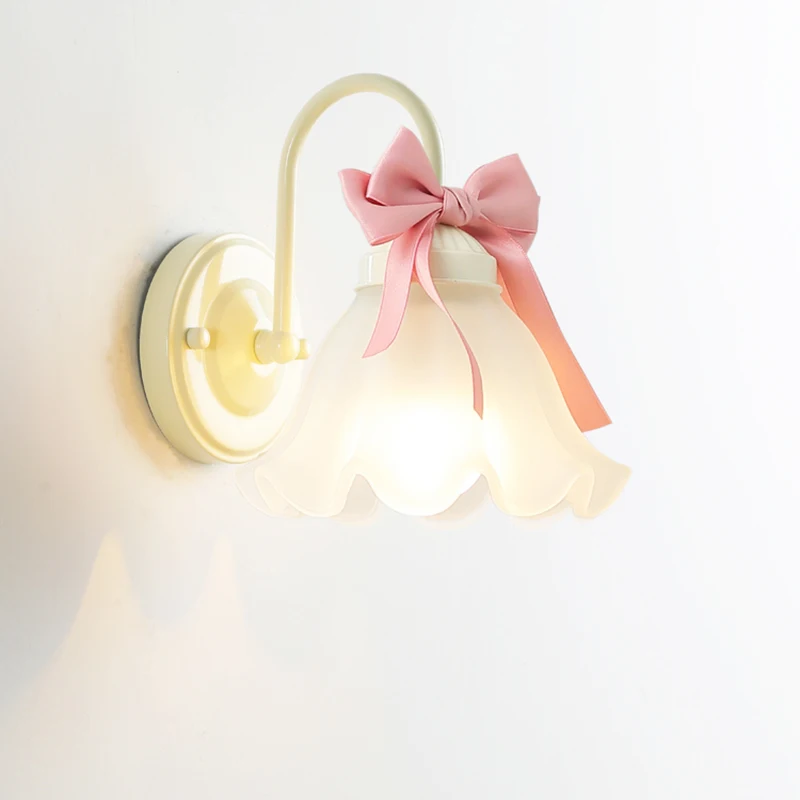Modern White Red Pink Bowknot Wall Lamps Flower Glass Lampshade Bedroom Bedside Wall Light Princess Room Girl Children Wall Lamp