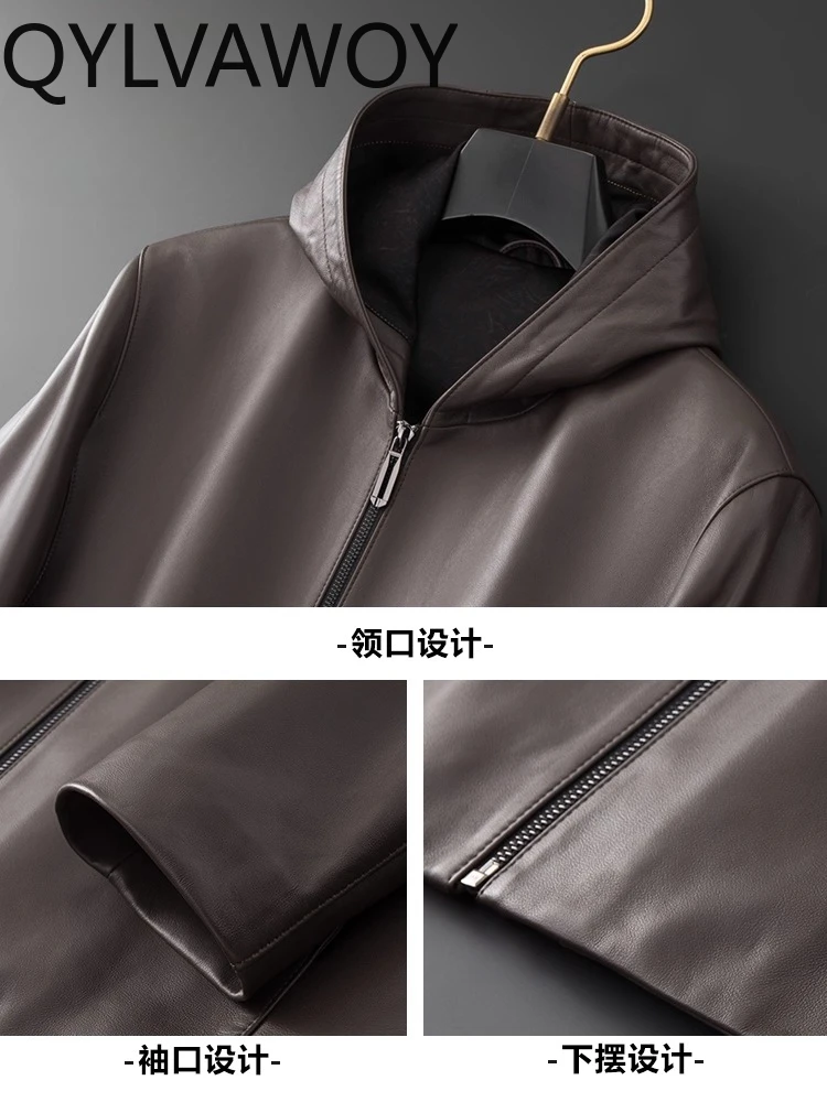 QYLVAWOY خريف شتاء جديد الراقية جلد الغنم الحقيقي الرجال سترة جلدية مقنعين الجلود النقية عادية أنيق ملابس خارجية دافئة LJ2673 #3