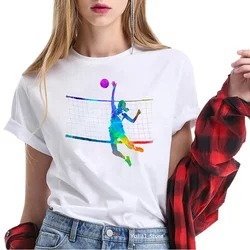 Hot Sale Watercolor Volleyball Girls Printed Tshirt Women Love Sports Tees Summer 2024 Top Female White T-Shirt Funny T Shirts