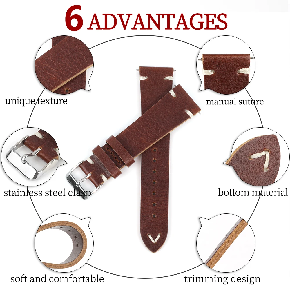 Genuine Leather Handmade Watchband 22mm Stainless Steel Buckle First Layer Cowhide Bracelet Band Watch Strap